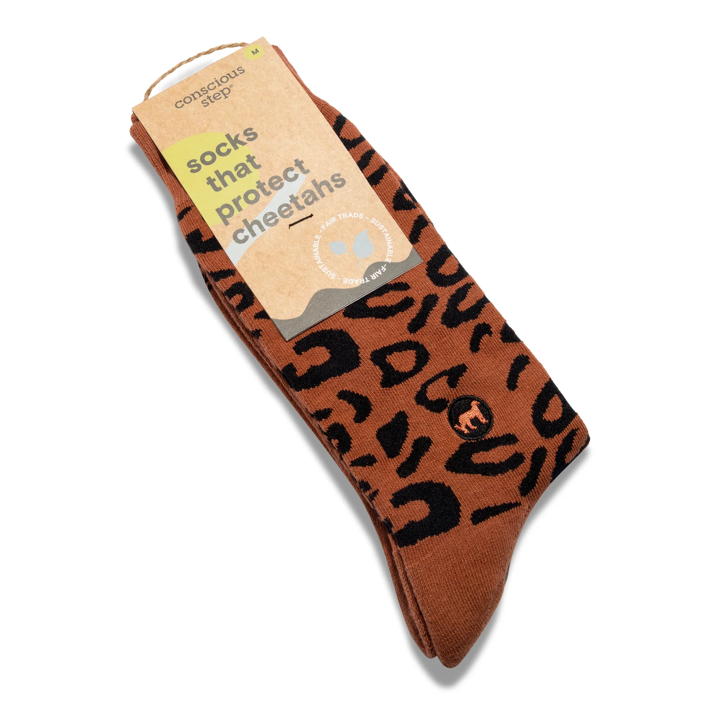 Rust-colored cheetah-pattern socks by Conscious Step, supporting Wildlife Warriors.