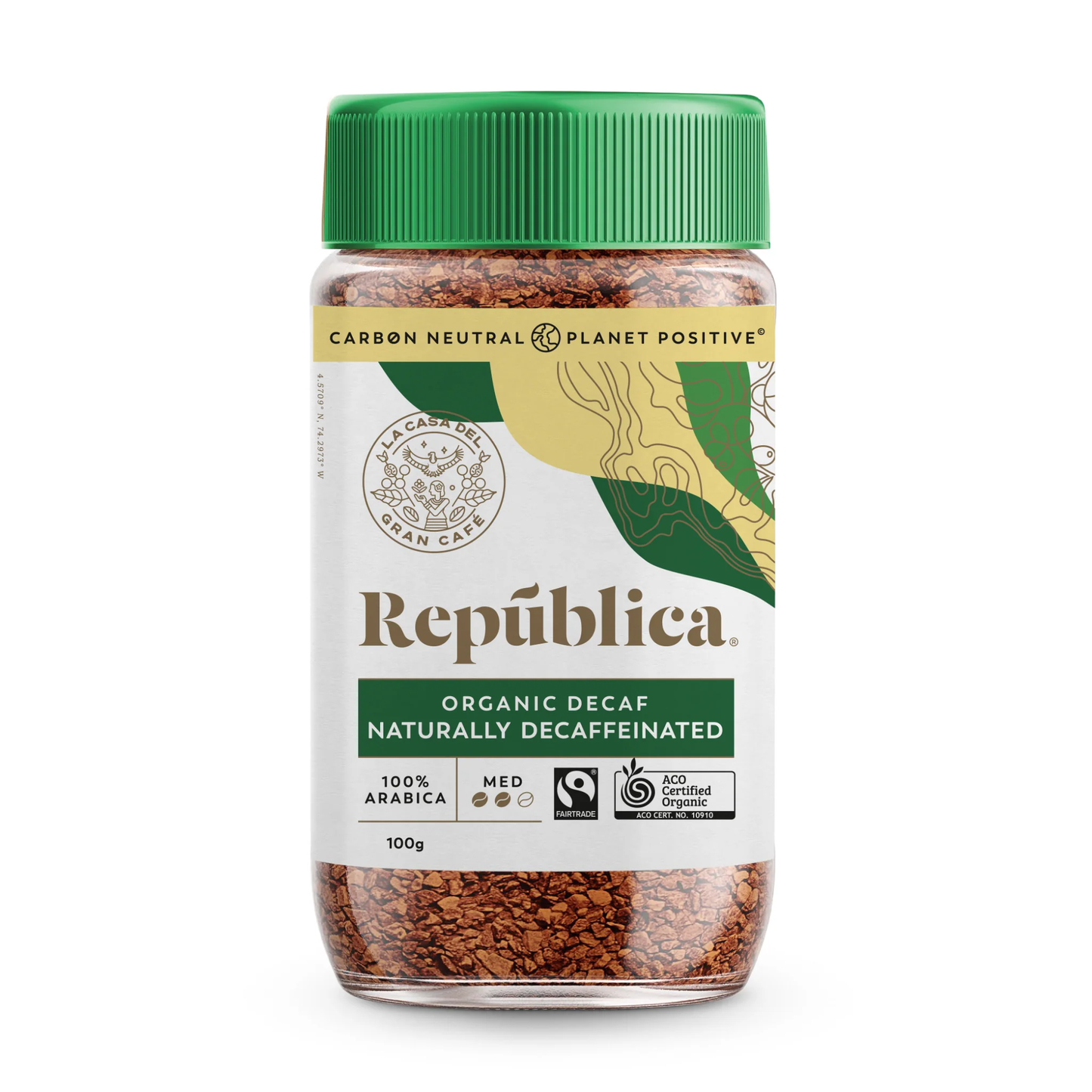 Republica - Organic Decaf Instant Coffee, 100g jar with green cap.