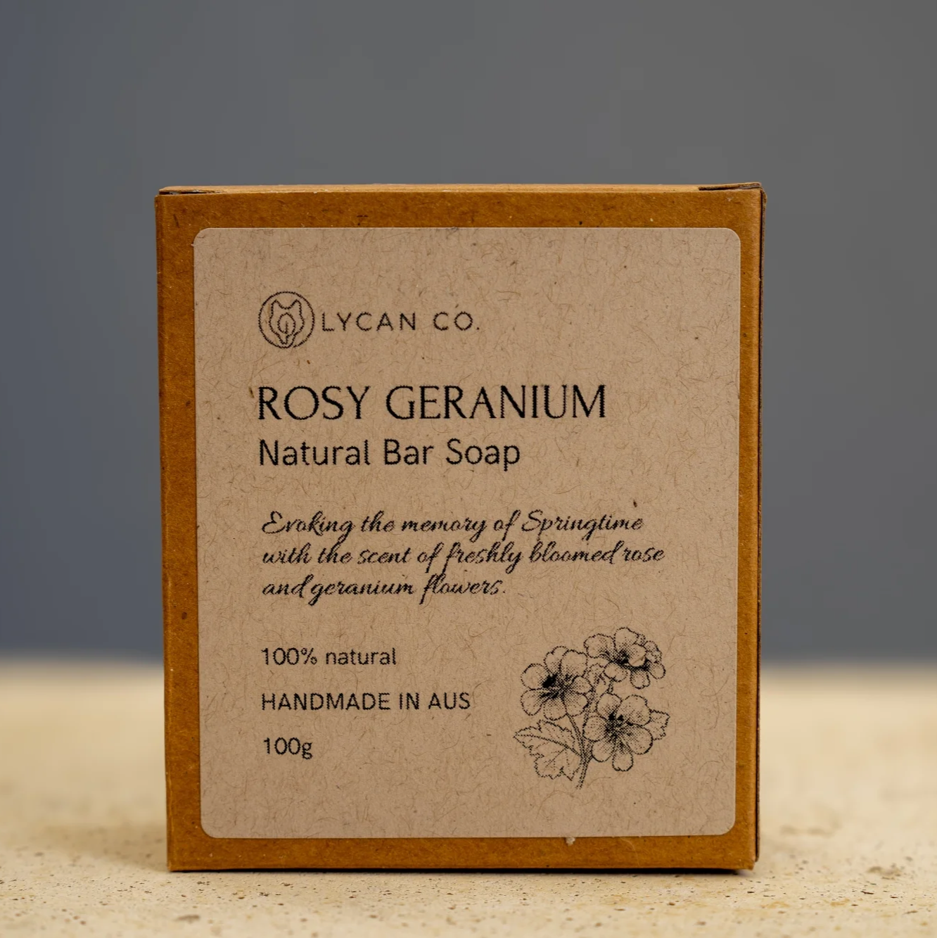 Lycan Co Rosy Geranium Soap Bar in eco-friendly packaging.