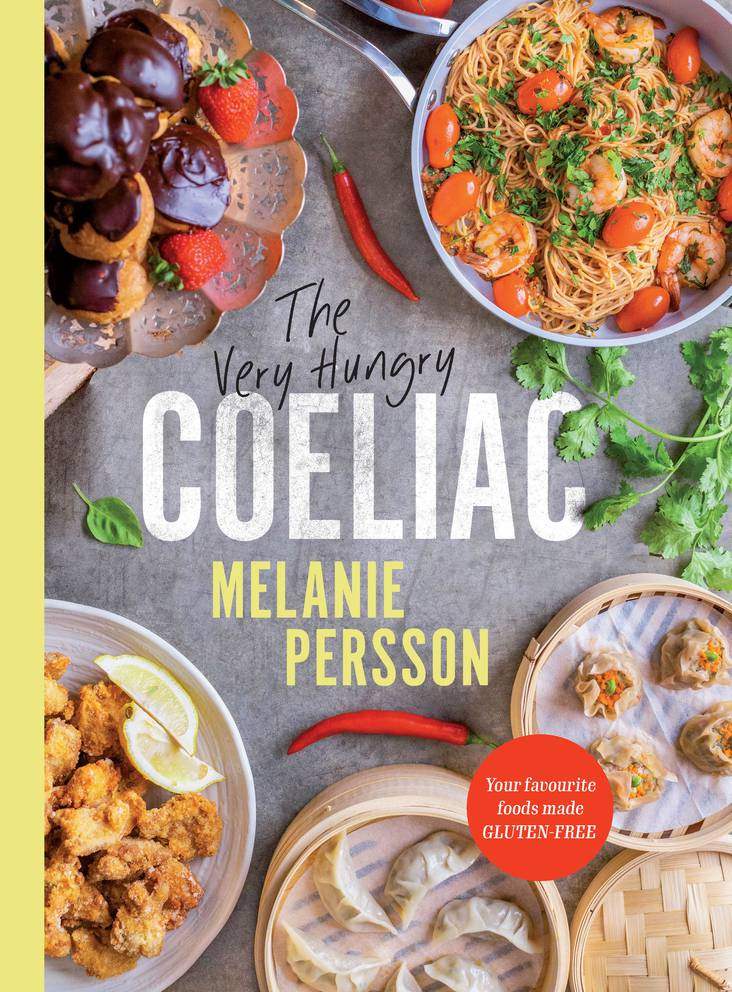 The Very Hungry Coeliac book cover featuring gluten-free dishes.