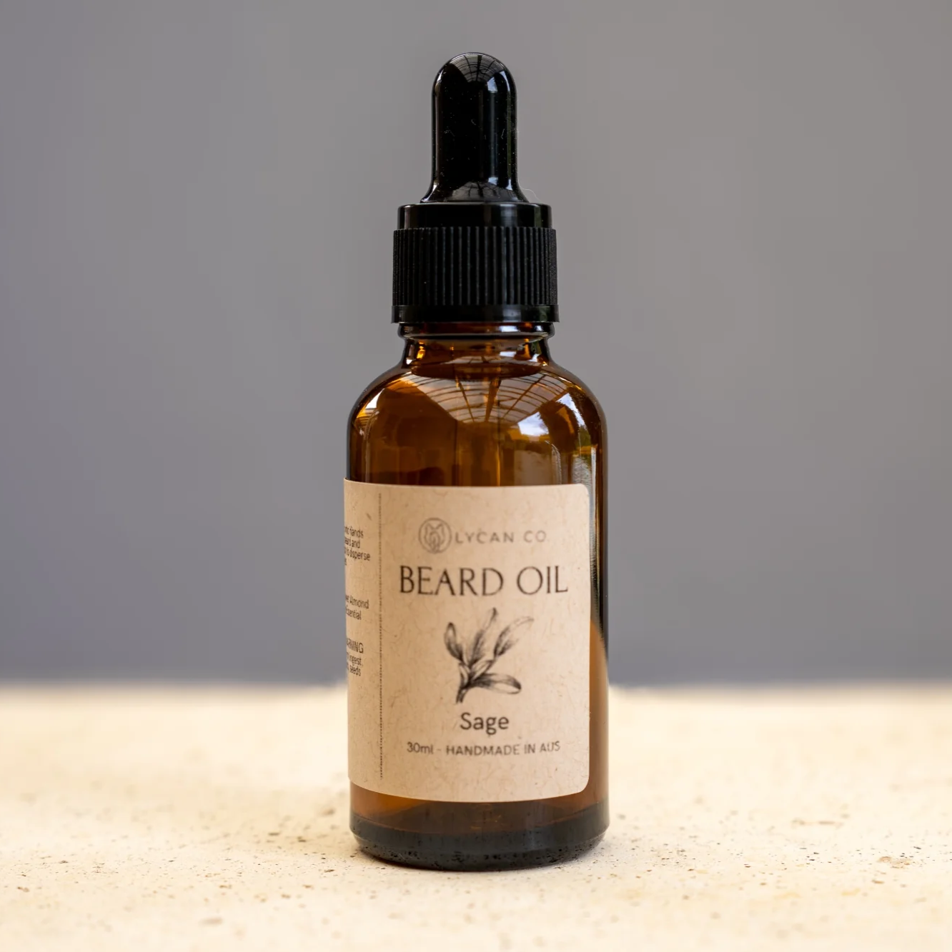 Lycan Co Sage Beard Oil bottle for grooming and hydration.