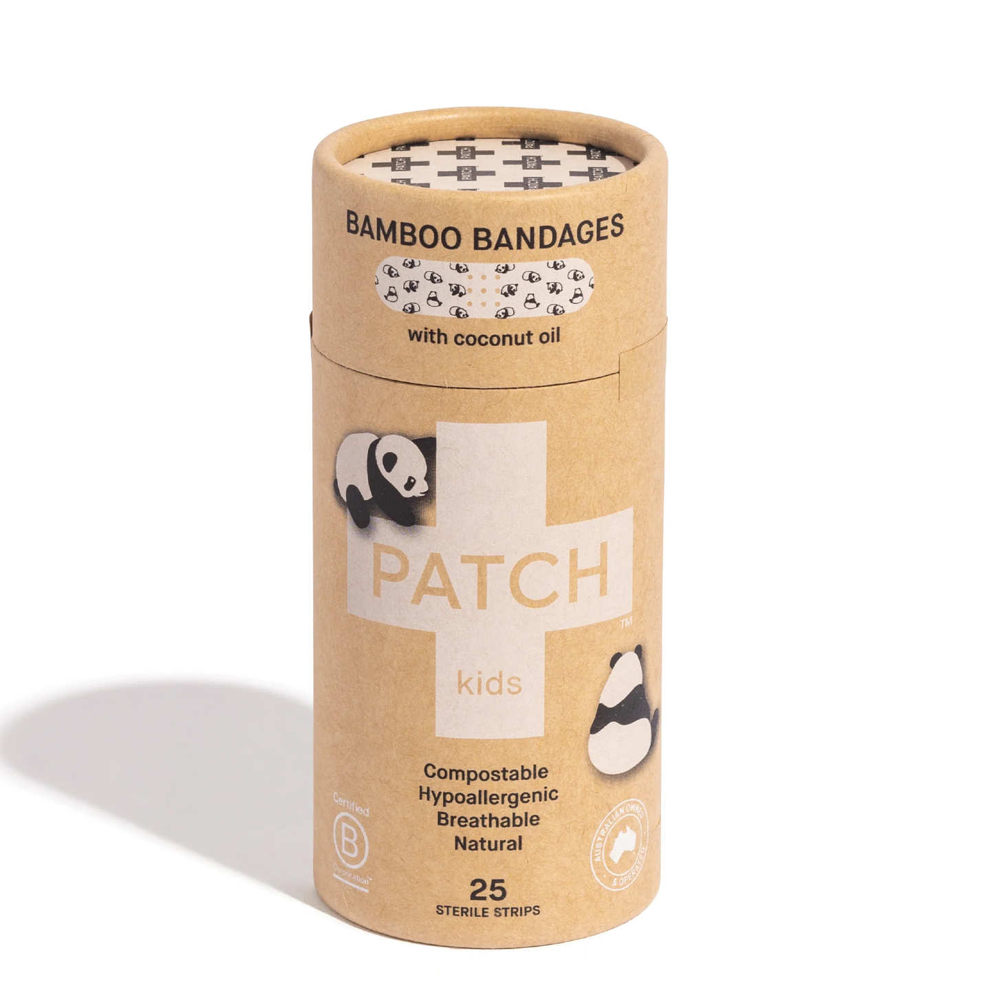 Compostable tube of Panda Bamboo Bandages with panda patterns, suitable for sensitive skin.