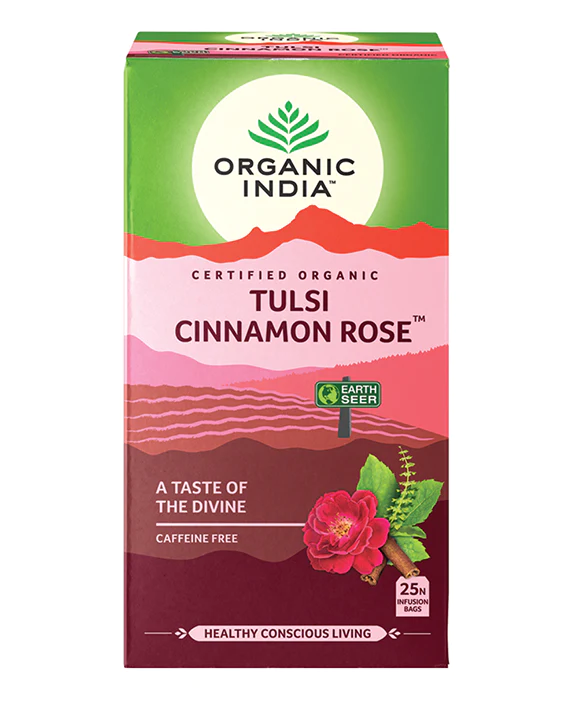 Organic India - Tulsi Cinnamon RoseA delicate blend of Rama, Krishna and Vana Tulsi with Cinnamon, Cardamom and Rose Petals make a harmonious, healing combination which inspires the senses. With a lovOrganic India
