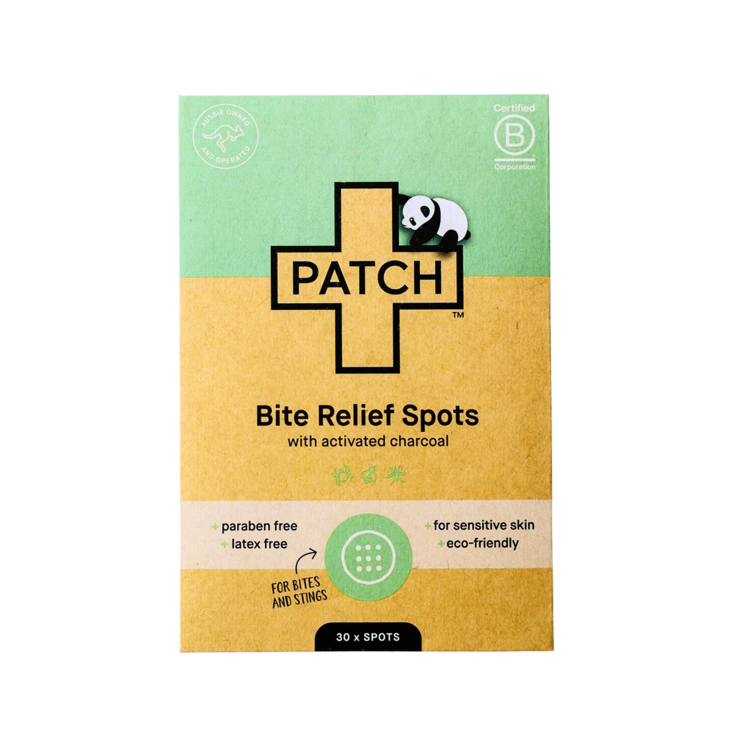 Patch Bite Relief Spots packaging - 30 bamboo fabric spots with activated charcoal, eco-friendly.