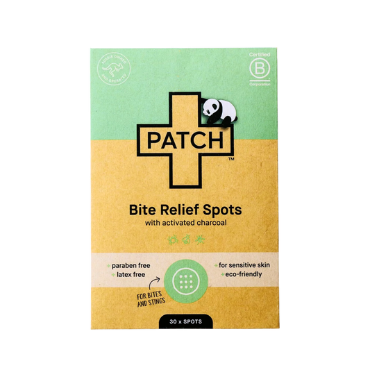 Patch Bite Relief Spots packaging - 30 bamboo fabric spots with activated charcoal, eco-friendly.