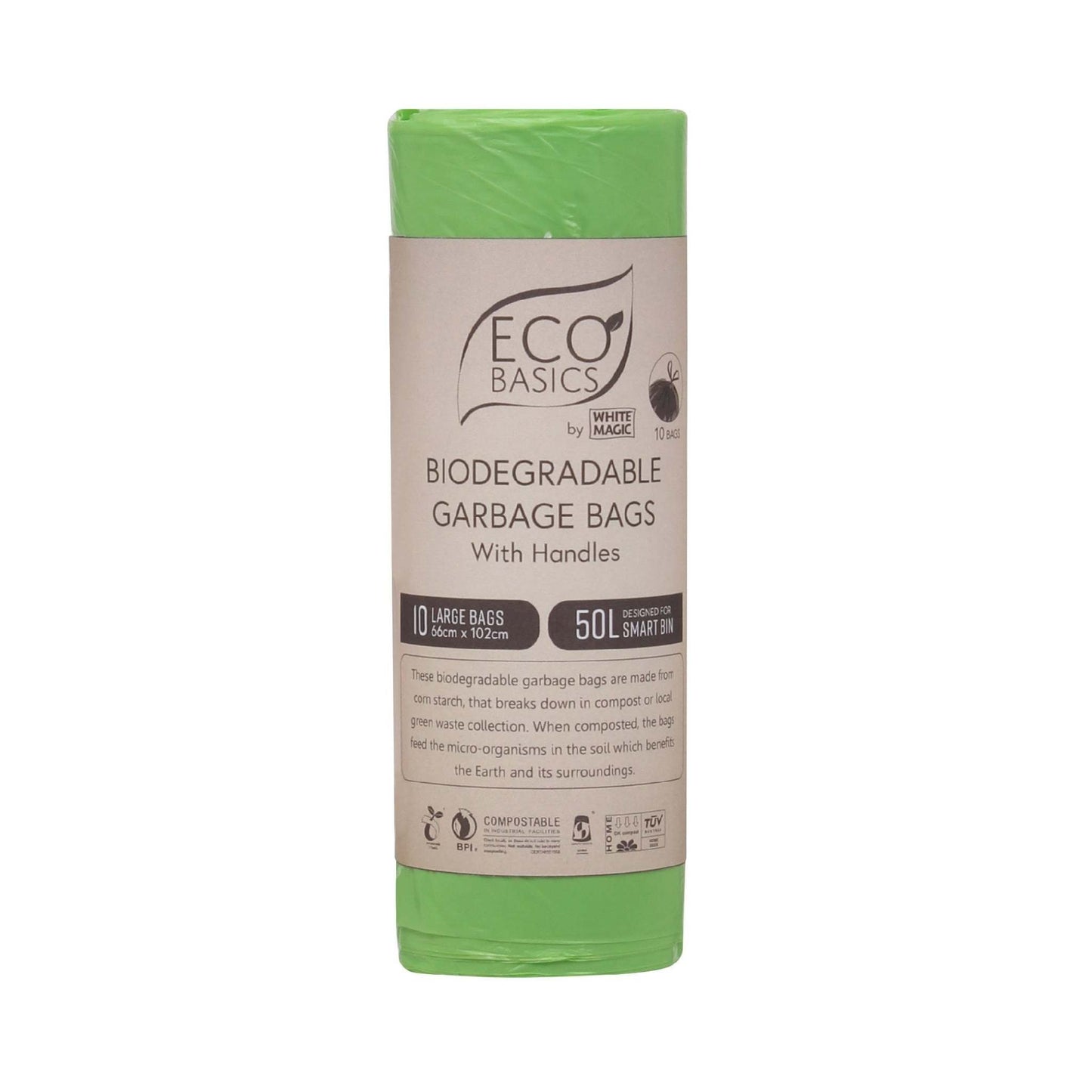 Eco Basics - Biodegradable Garbage Bags with handles in green packaging.