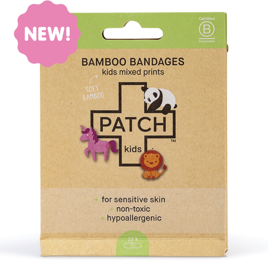 Kids bandages with panda, unicorn, lion prints; bamboo, non-toxic, vegan.