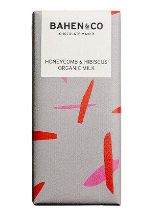 Bahen & Co Honeycomb and Hibiscus Organic Milk chocolate bar packaging.