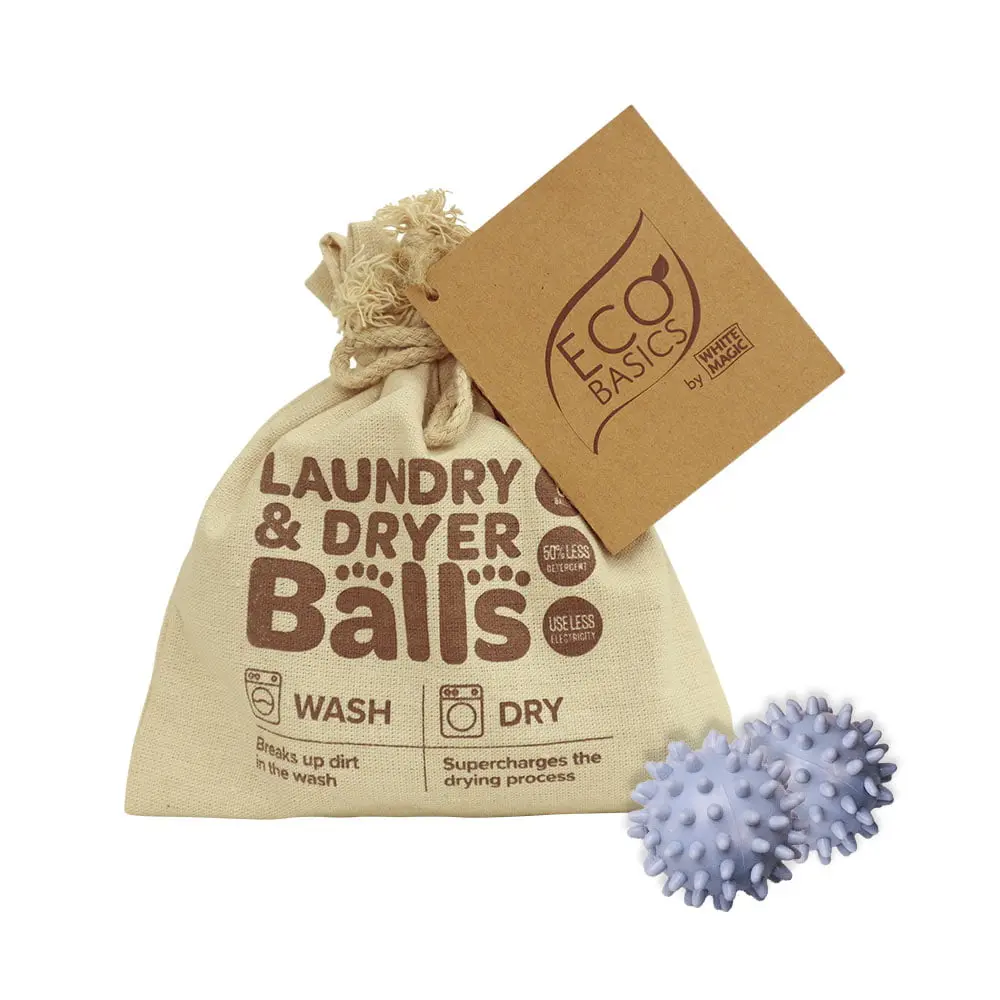Eco Basics Laundry and Dryer Balls with packaging and two dryer balls.