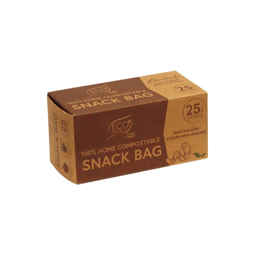 Eco Basics 100% home compostable snack bags, 25 pieces packaging.