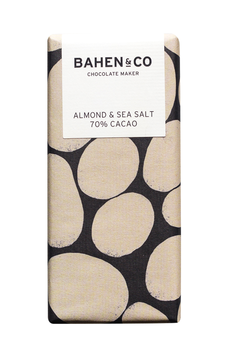 Bahen & Co Almond and Sea Salt 75% Cacao chocolate bar packaging.