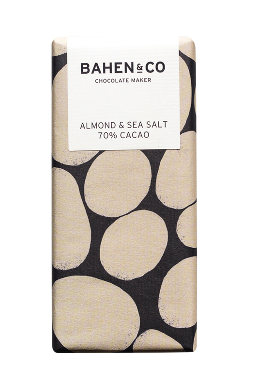 Bahen & Co Almond and Sea Salt 75% Cacao chocolate bar packaging.