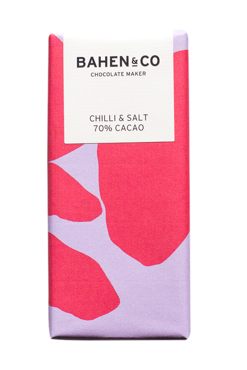 Bahen & Co Chilli and Salt chocolate bar with 70% cacao, featuring house blend chocolate, roasted chilli, and sea salt.