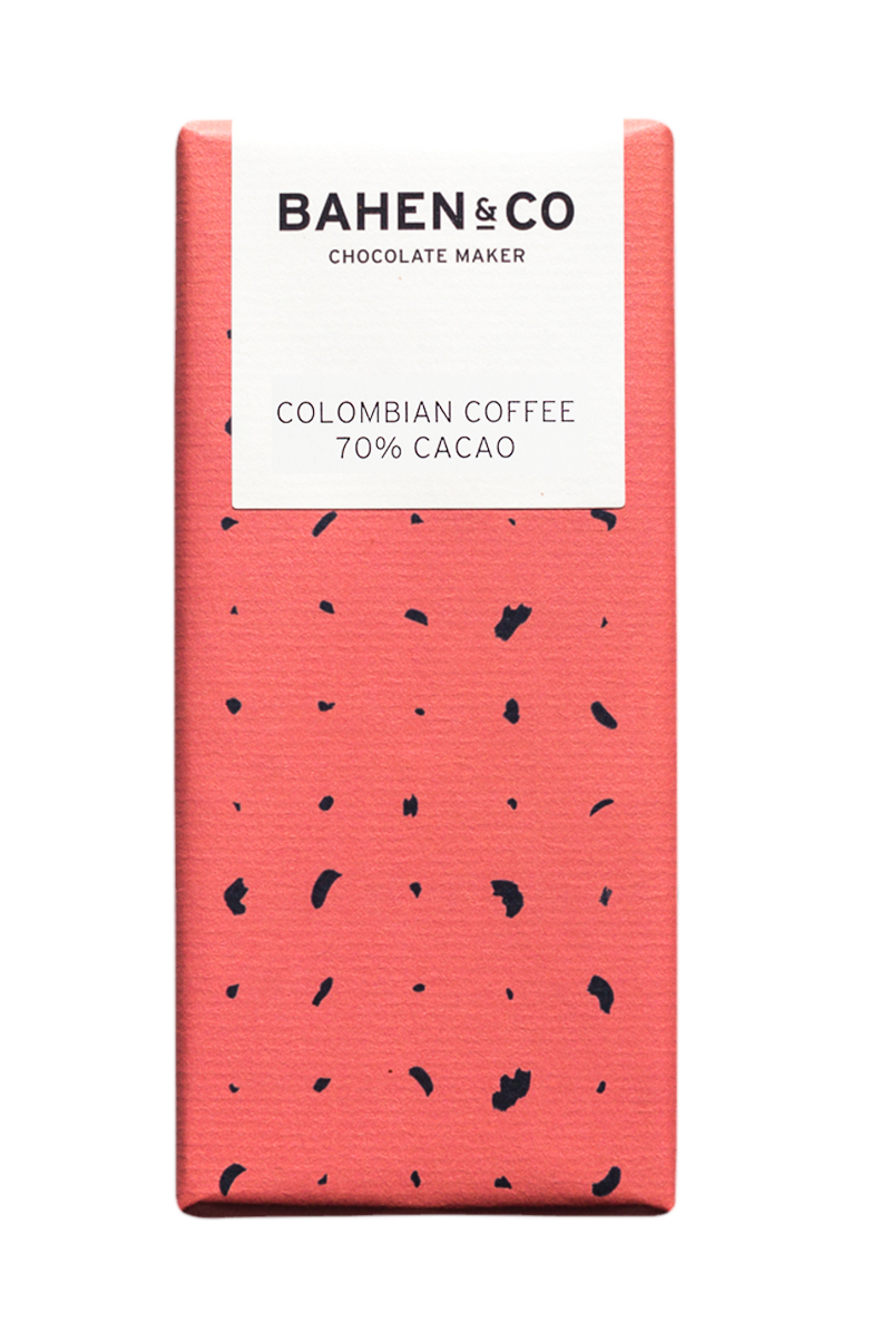 Bahen & Co Colombian Coffee chocolate bar in red packaging.