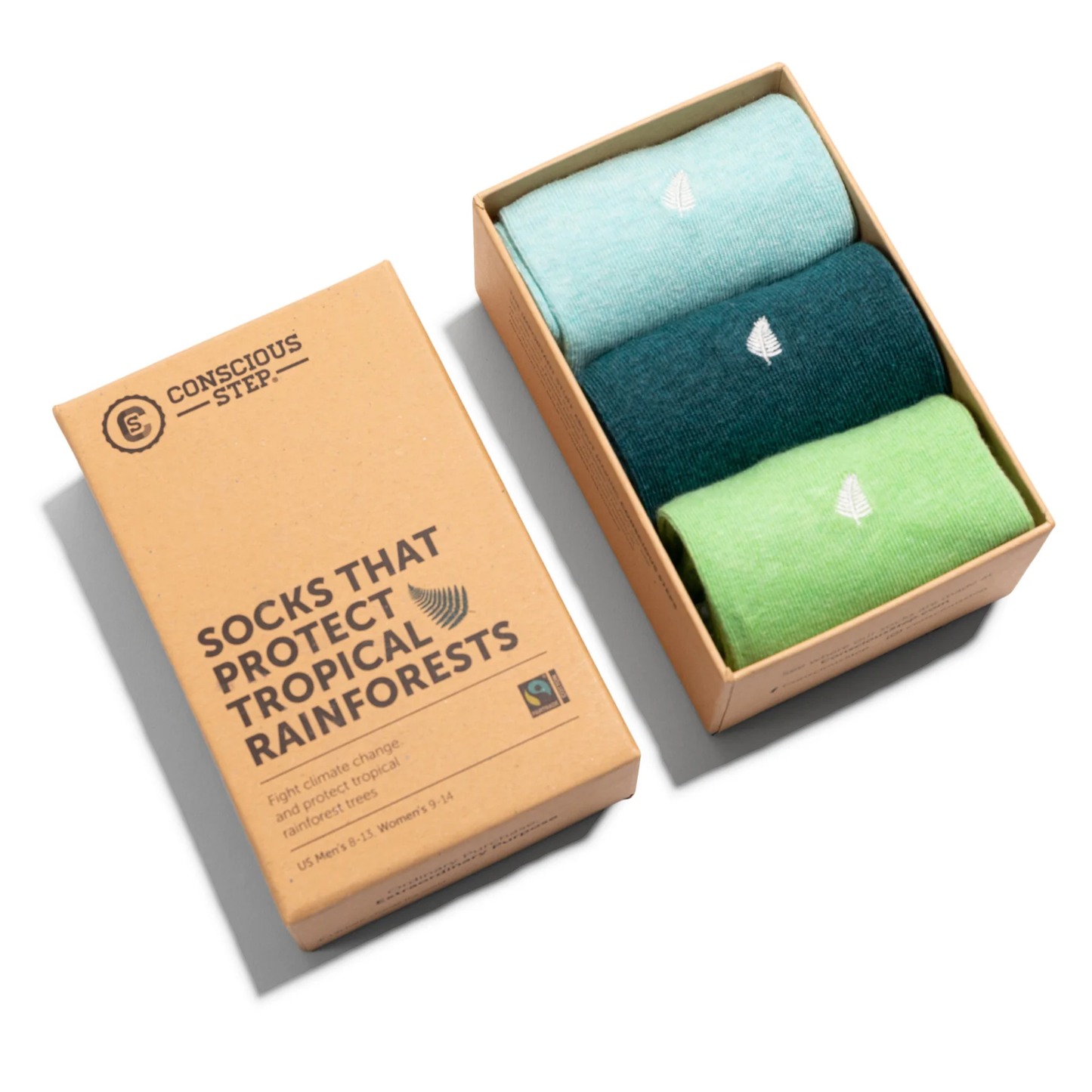 Conscious Step gift box of three green socks promoting rainforest conservation.