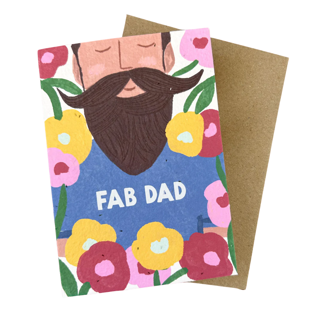 Hello Petal - Fab Dad plantable greeting card with illustrated bearded man and colorful flowers on recycled seeded paper with eco-friendly envelope.