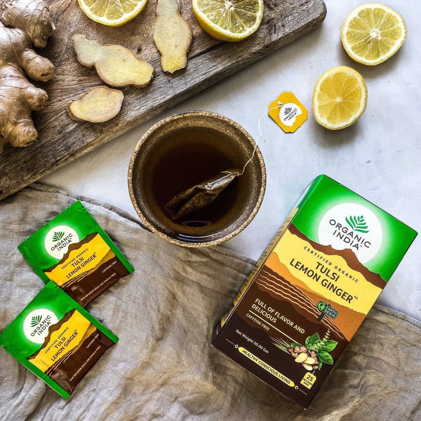 Organic India - Tulsi Lemon GingerThe excitement of pungent ginger, accented with fresh lemon, is complemented by Tulsi's spicy flavour and transformative energy. This exotic flavour combination willOrganic India