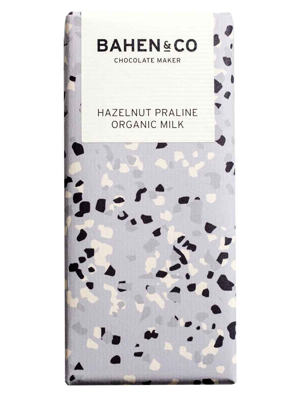 Bahen & Co Hazelnut Praline Organic Milk chocolate bar packaging.