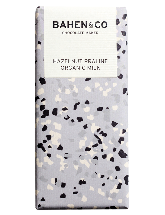 Bahen & Co Hazelnut Praline Organic Milk chocolate bar packaging.