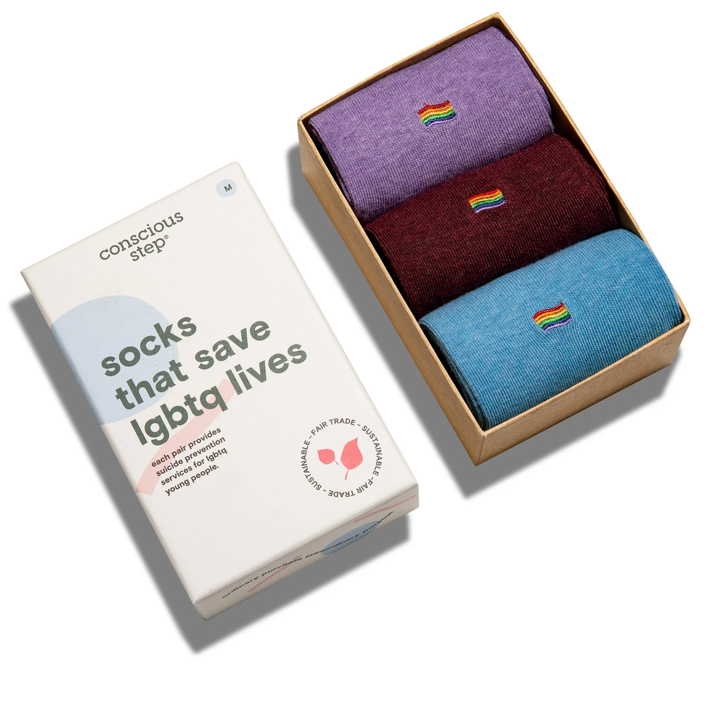 Conscious Step Gift Box with colorful organic cotton socks supporting LGBTQ youth through the Trevor Project.