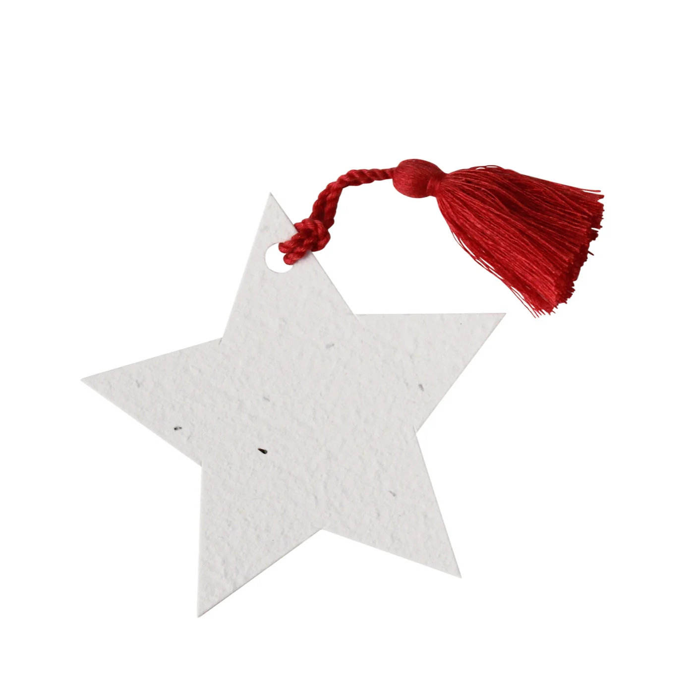 Hello Petal star-shaped plantable gift tag with embedded Swan River daisy seeds and red tassel on recycled paper