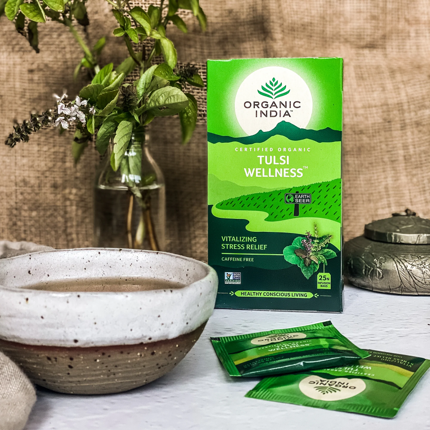 Organic India - Tulsi WellnessFour giants of Ayurvedic Medicine, "the Queen of Herbs" Tulsi, Brahmi (Gotu Kola), Ashwagandha and Moringa, blend beautifully together to make a powerfully potent inOrganic India