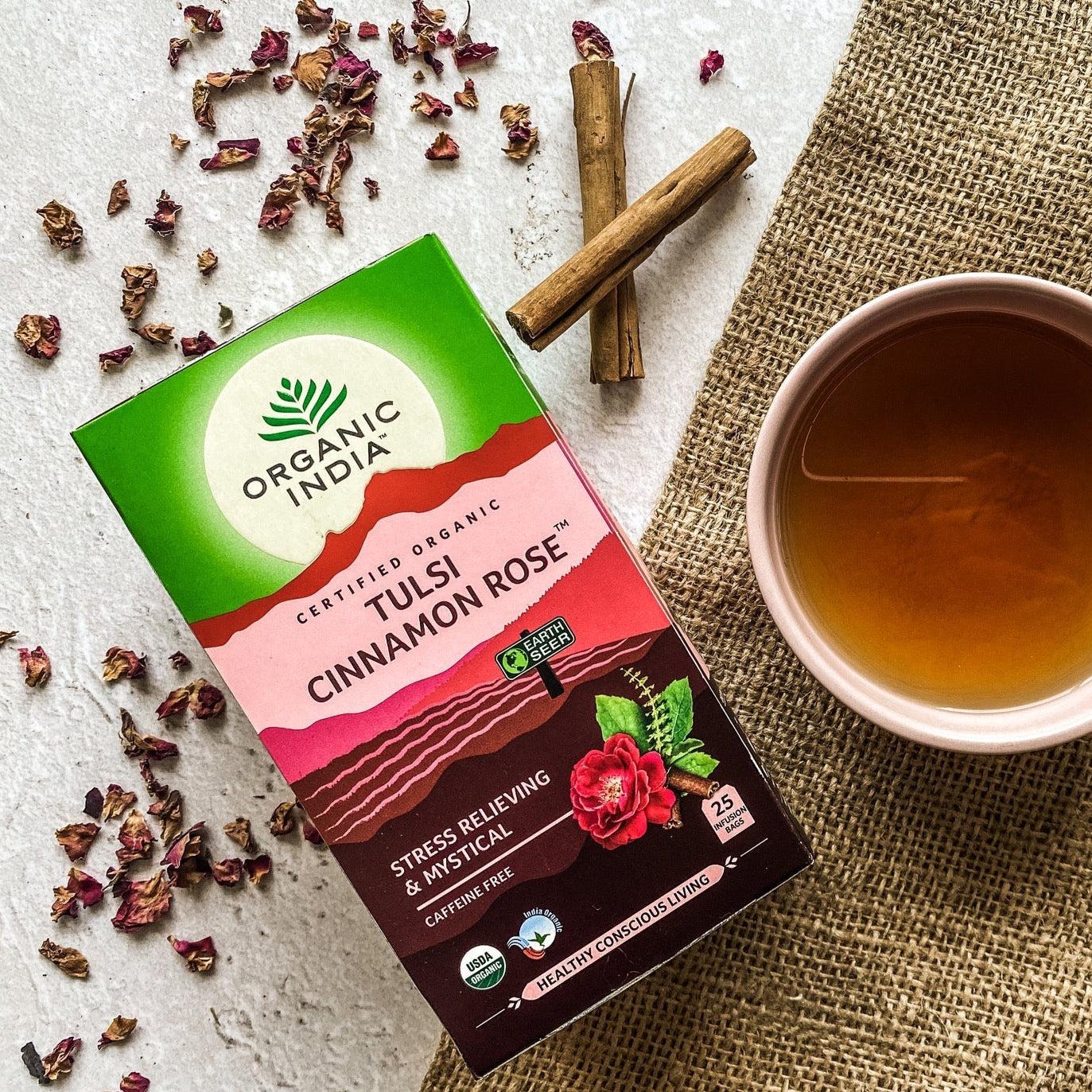 Organic India - Tulsi Cinnamon RoseA delicate blend of Rama, Krishna and Vana Tulsi with Cinnamon, Cardamom and Rose Petals make a harmonious, healing combination which inspires the senses. With a lovOrganic India