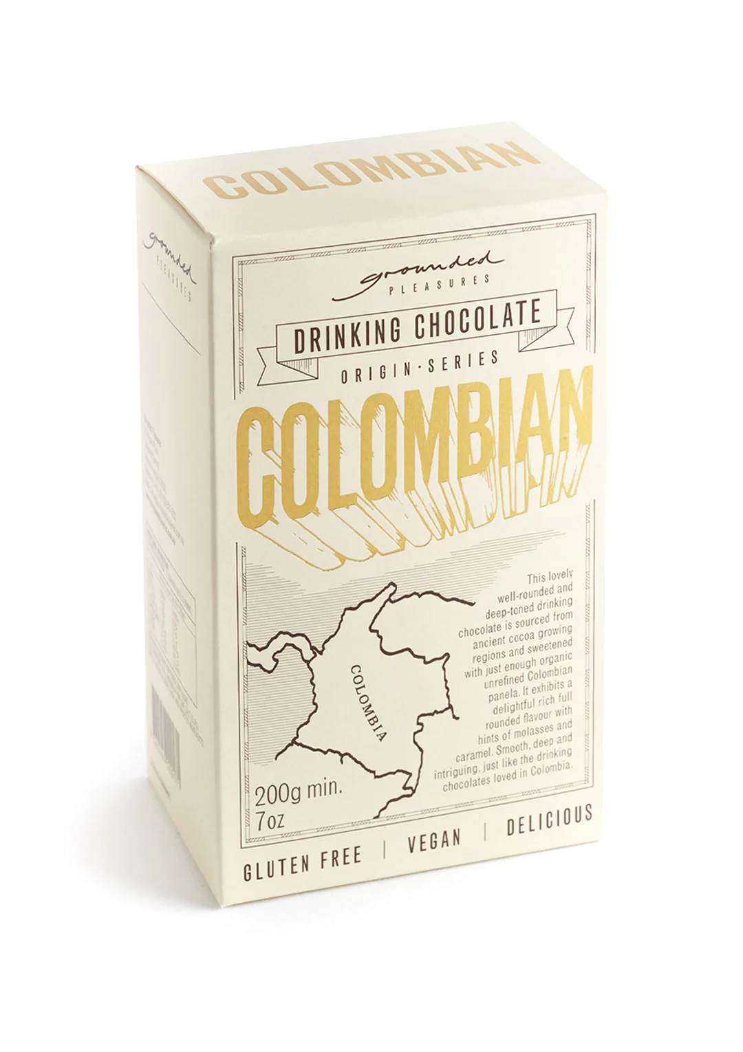 Grounded Pleasures - Columbian Drinking ChocolateColumbian is a well-rounded and deep-toned drinking chocolate, sourced from ancient cocoa growing regions and sweetened with just enough organic unrefined Colombian Grounded Pleasures