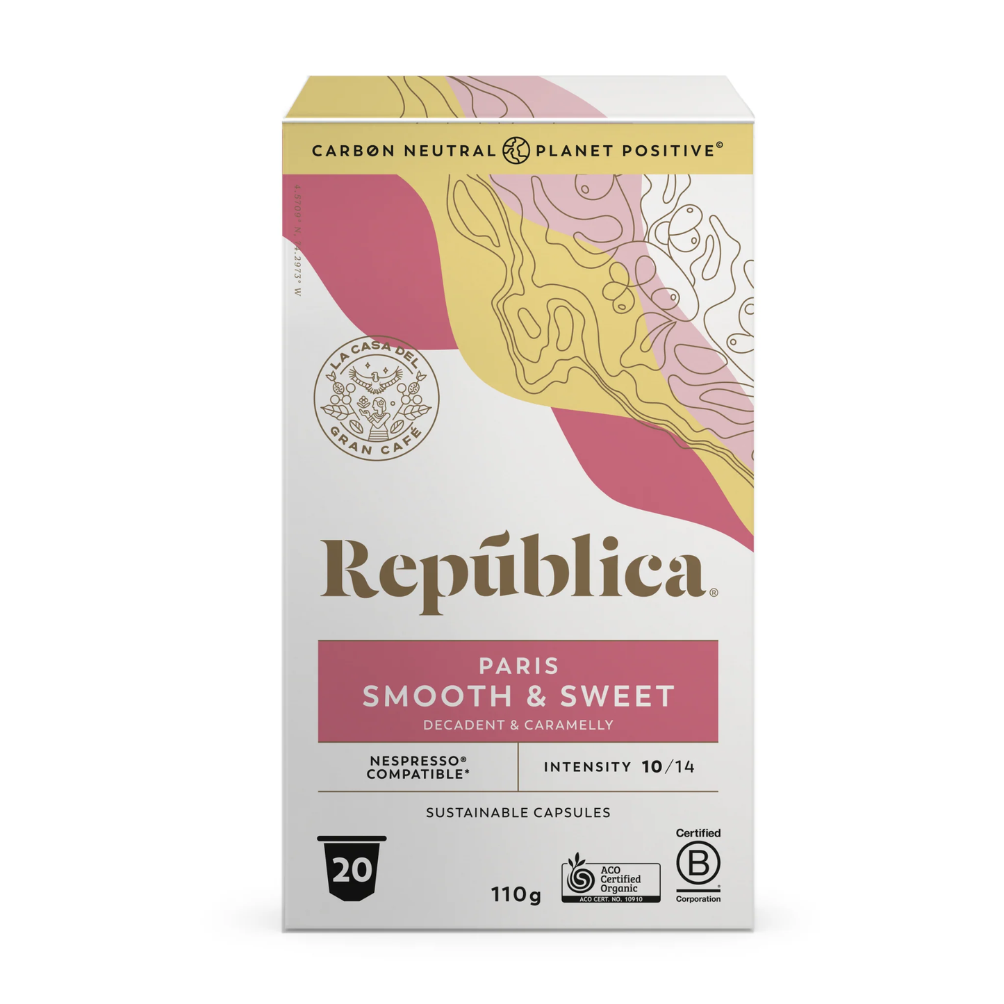 Republica - Paris Coffee, 20 Pods, smooth and sweet medium roast, Nespresso compatible, biodegradable.