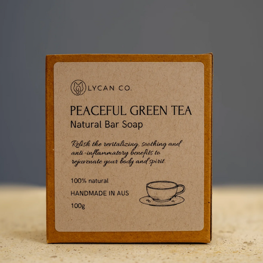 Peaceful Green Tea Soap Bar in eco-friendly packaging, made with natural ingredients.