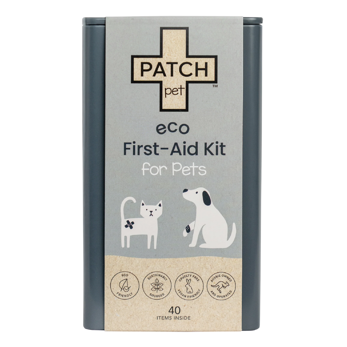 Eco-friendly first-aid kit for pets with essential supplies.