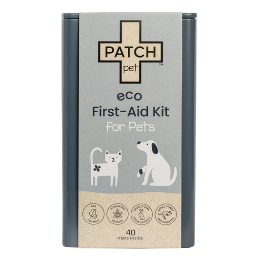 Eco-friendly first-aid kit for pets with essential supplies.