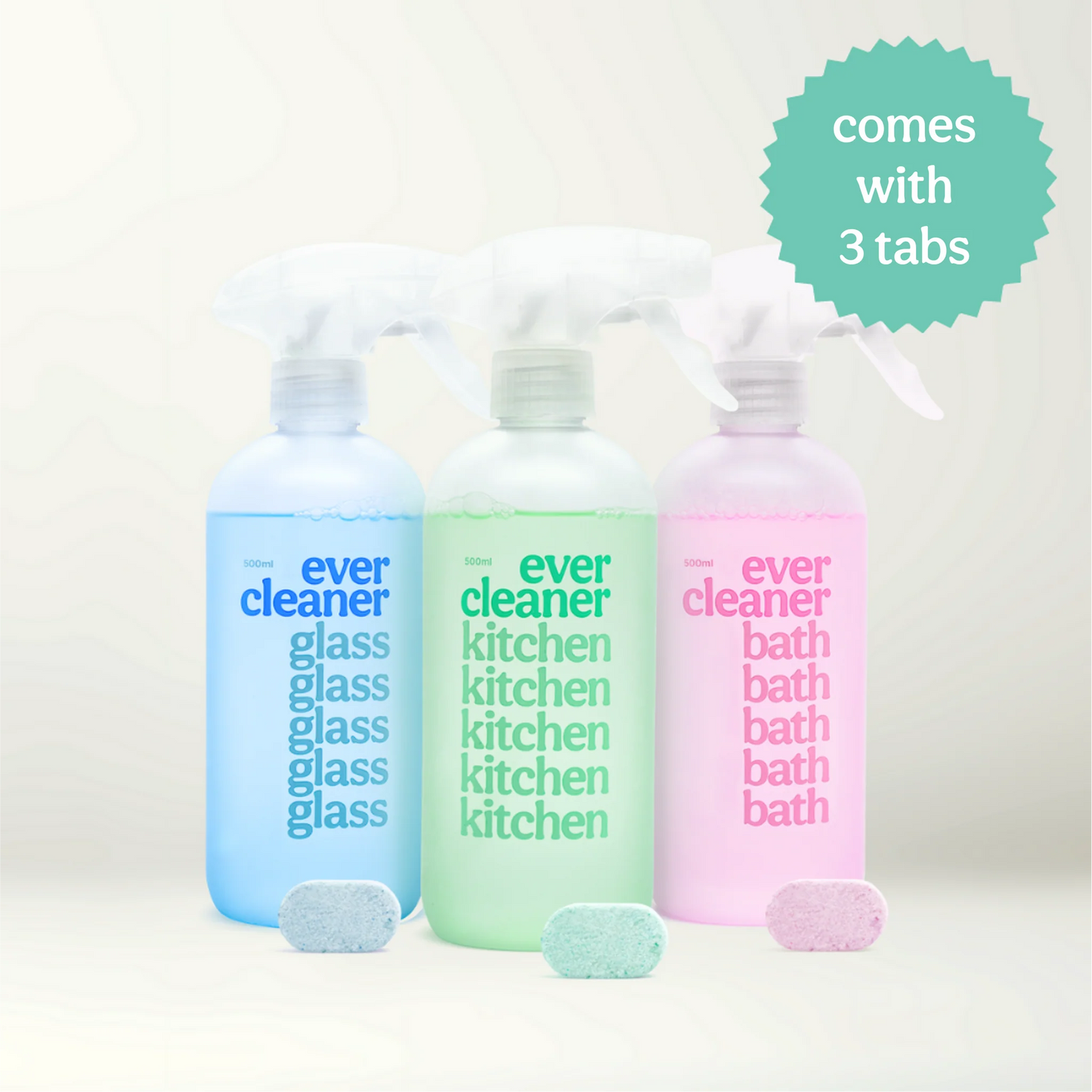 evercleaner Cleaning Starter Pack with eco-friendly reusable bottles and cleaning tabs for glass, kitchen, and bathroom.