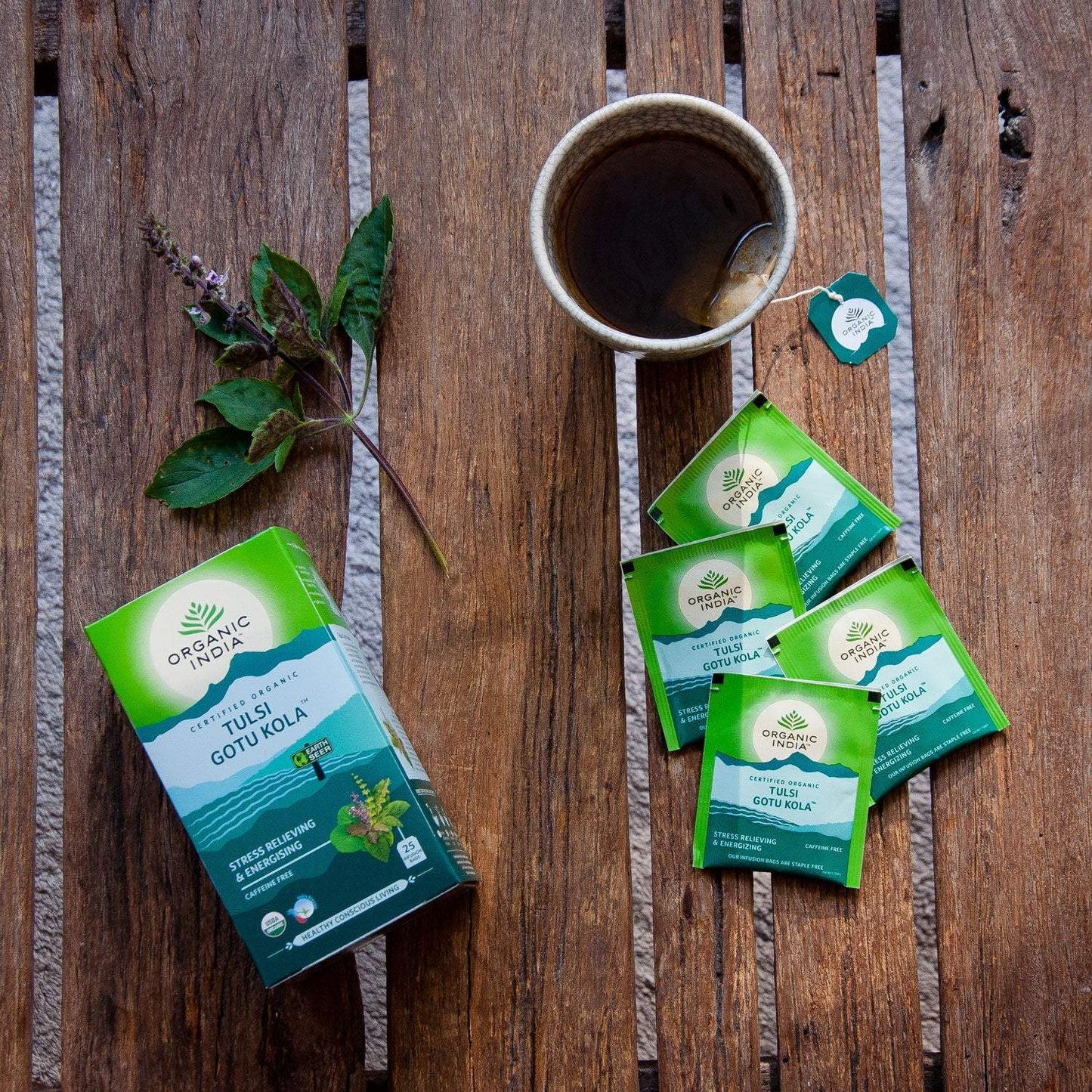 Organic India - Tulsi Gotu KolaTwo of India's most celebrated herbs, Tulsi and Gotu Kola, lovingly embrace in this healthful and purifying infusion. This Tulsi Gotu Kola blend nourishes and balancOrganic India