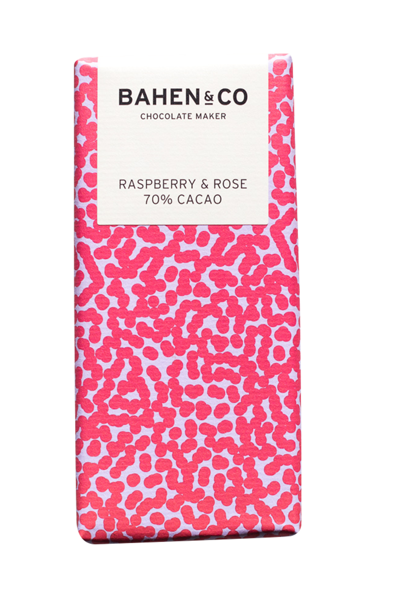 Bahen & Co Raspberry and Rose chocolate bar with 70% cacao, featuring raspberry and rose petal flavors.