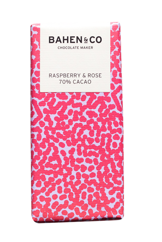 Bahen & Co Raspberry and Rose chocolate bar with 70% cacao, featuring raspberry and rose petal flavors.