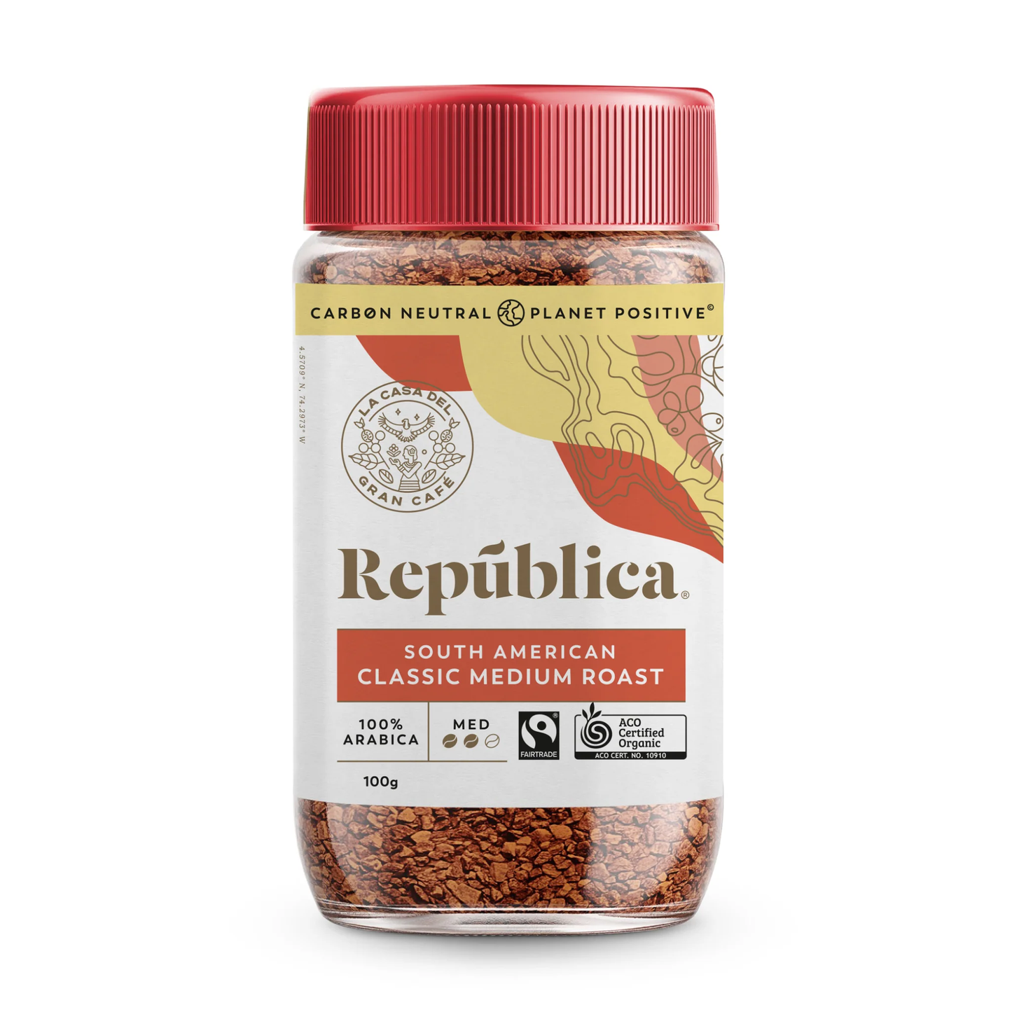 Republica South American Instant Coffee 100g jar with classic medium roast and caramel notes.
