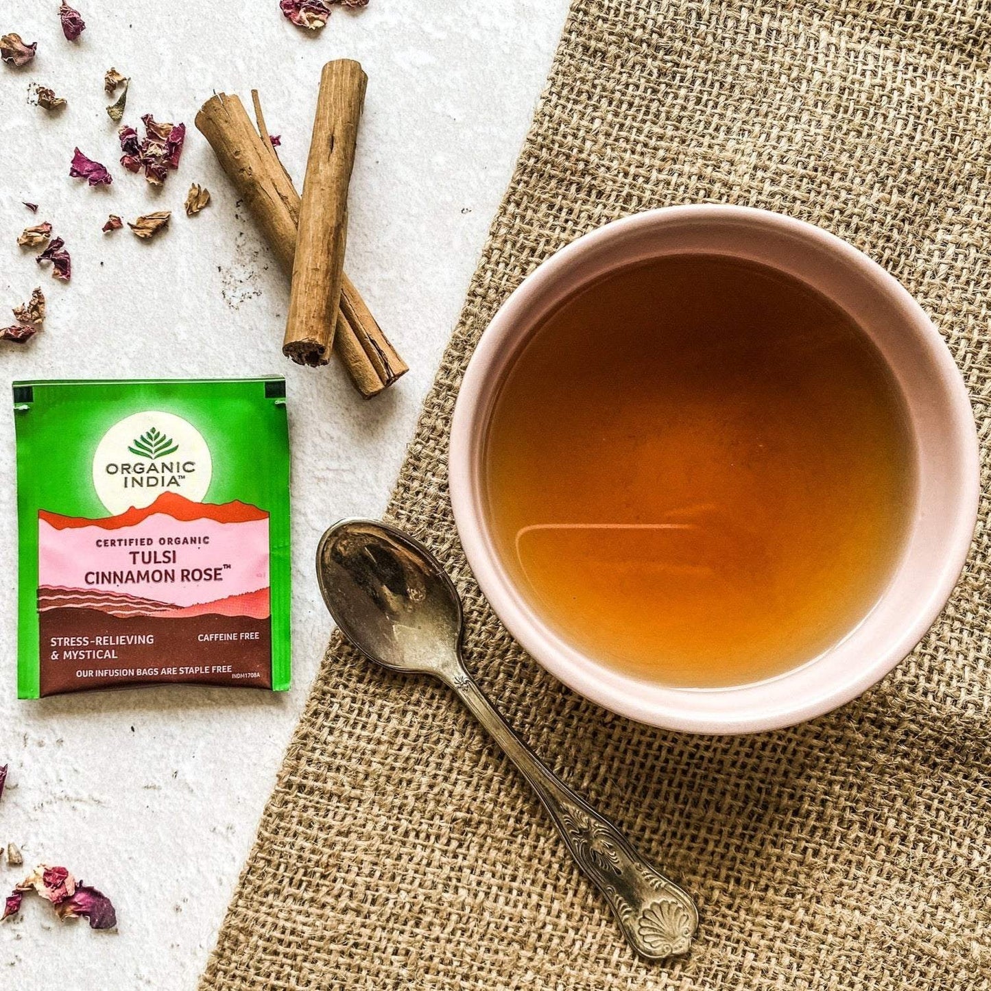 Organic India - Tulsi Cinnamon RoseA delicate blend of Rama, Krishna and Vana Tulsi with Cinnamon, Cardamom and Rose Petals make a harmonious, healing combination which inspires the senses. With a lovOrganic India