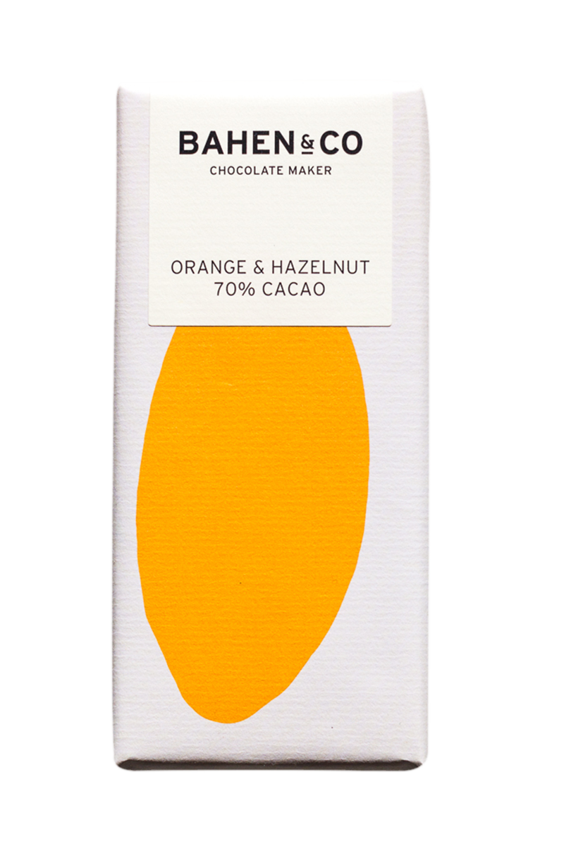 Bahen & Co Orange and Hazelnut chocolate bar packaging with 70% cacao content.