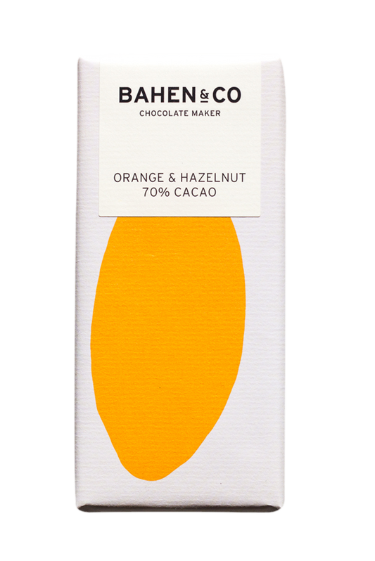Bahen & Co Orange and Hazelnut chocolate bar packaging with 70% cacao content.