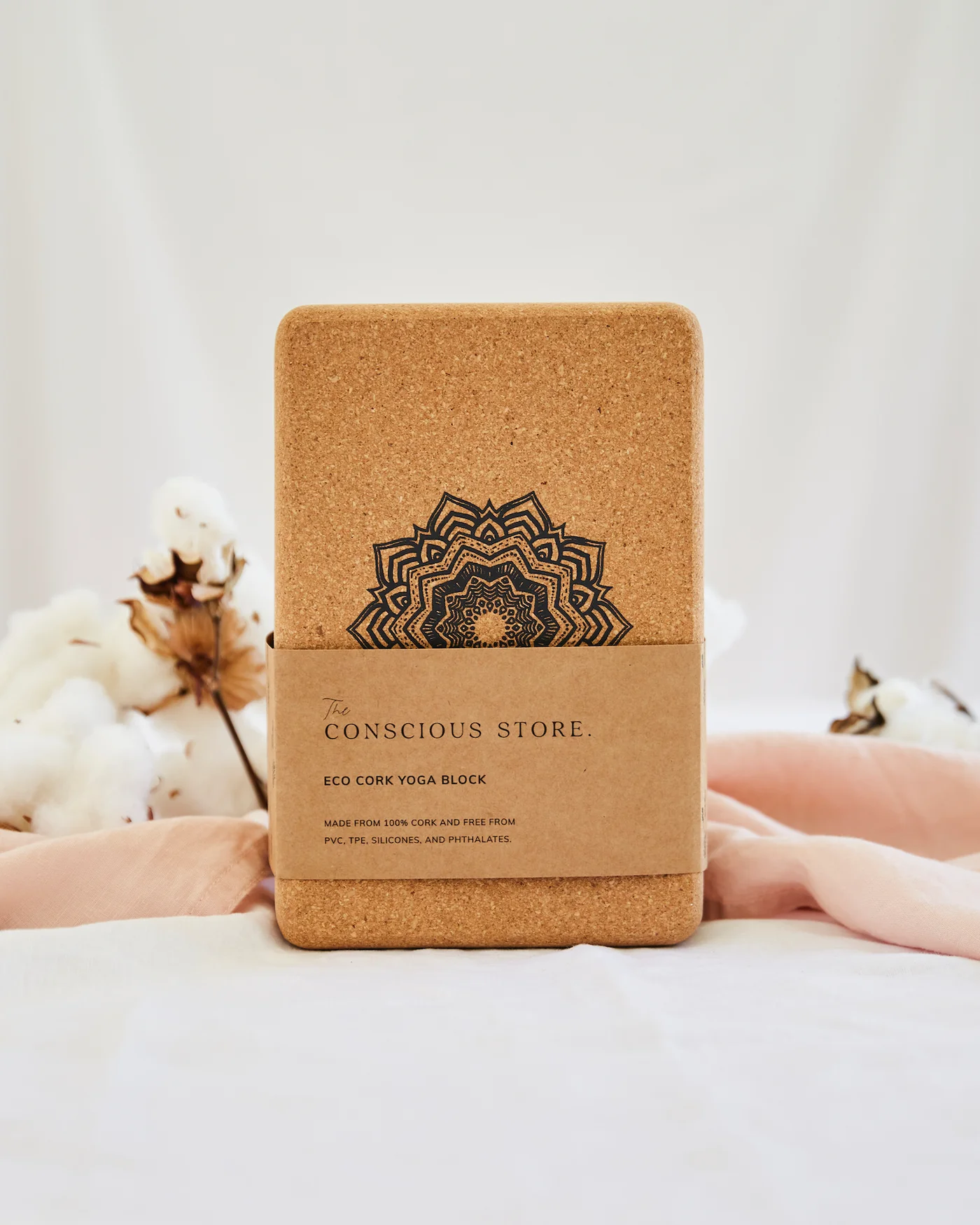 Eco-friendly cork yoga block from The Conscious Store, made from sustainable materials, free of PVC and silicones.