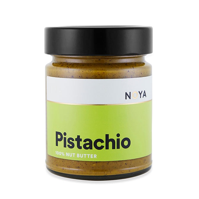 Noya Pistachio Nut Butter 250g jar with green label; gluten free, vegan, protein-rich spread.