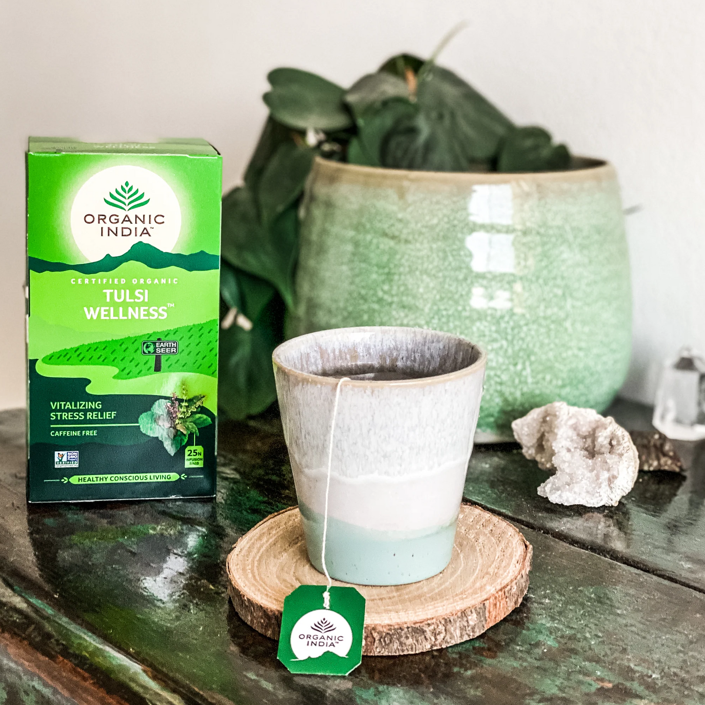 Organic India - Tulsi WellnessFour giants of Ayurvedic Medicine, "the Queen of Herbs" Tulsi, Brahmi (Gotu Kola), Ashwagandha and Moringa, blend beautifully together to make a powerfully potent inOrganic India
