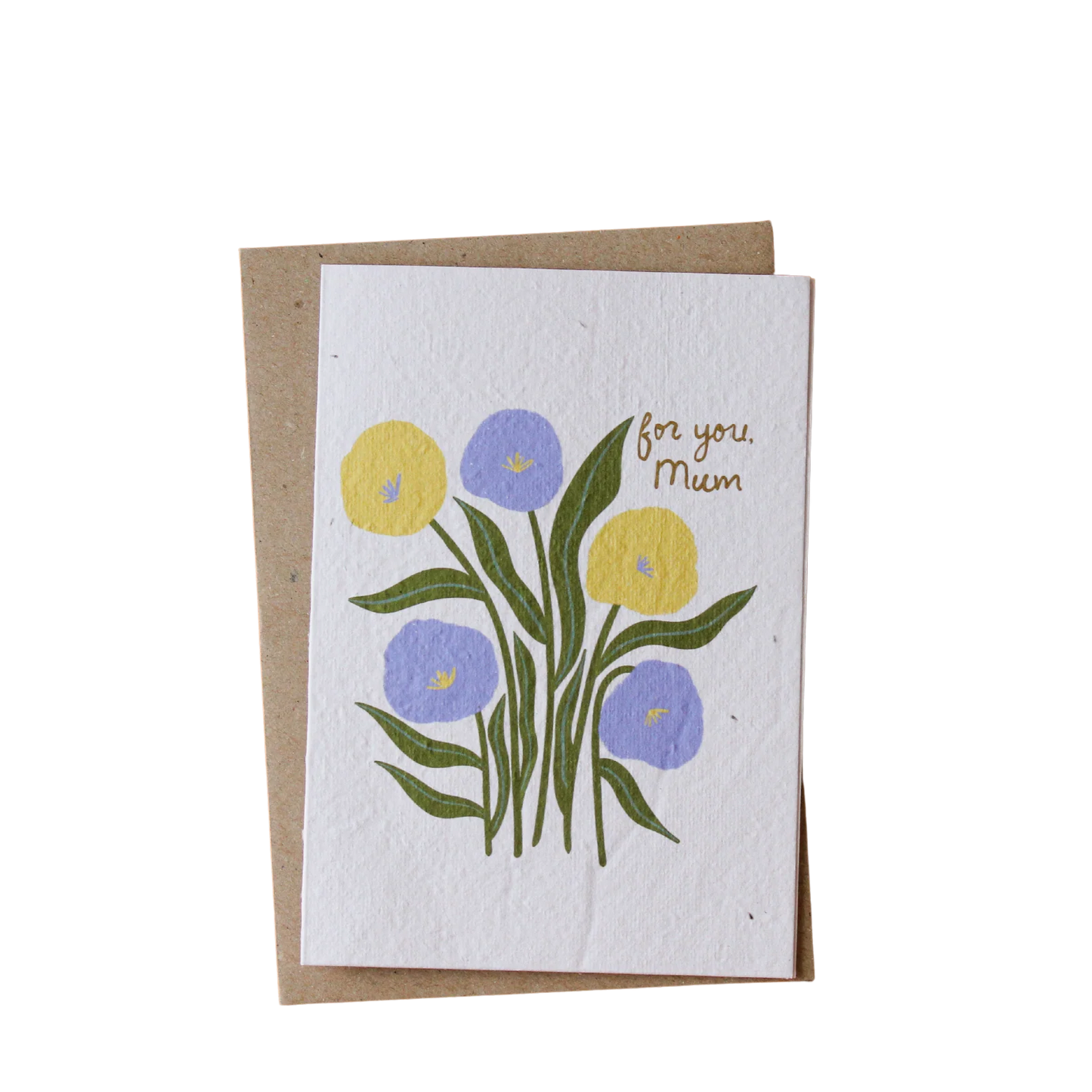 Plantable card with yellow and purple flowers, "For You Mum" text, recycled envelope included.