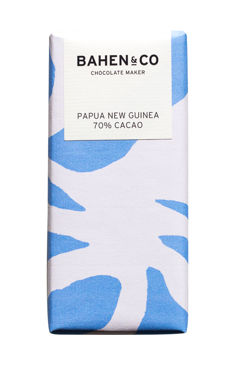 Bahen & Co Papua New Guinea 70% Cacao chocolate bar with raspberry cream and citrus fruit flavors.