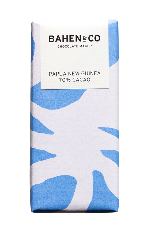 Bahen & Co Papua New Guinea 70% Cacao chocolate bar with raspberry cream and citrus fruit flavors.