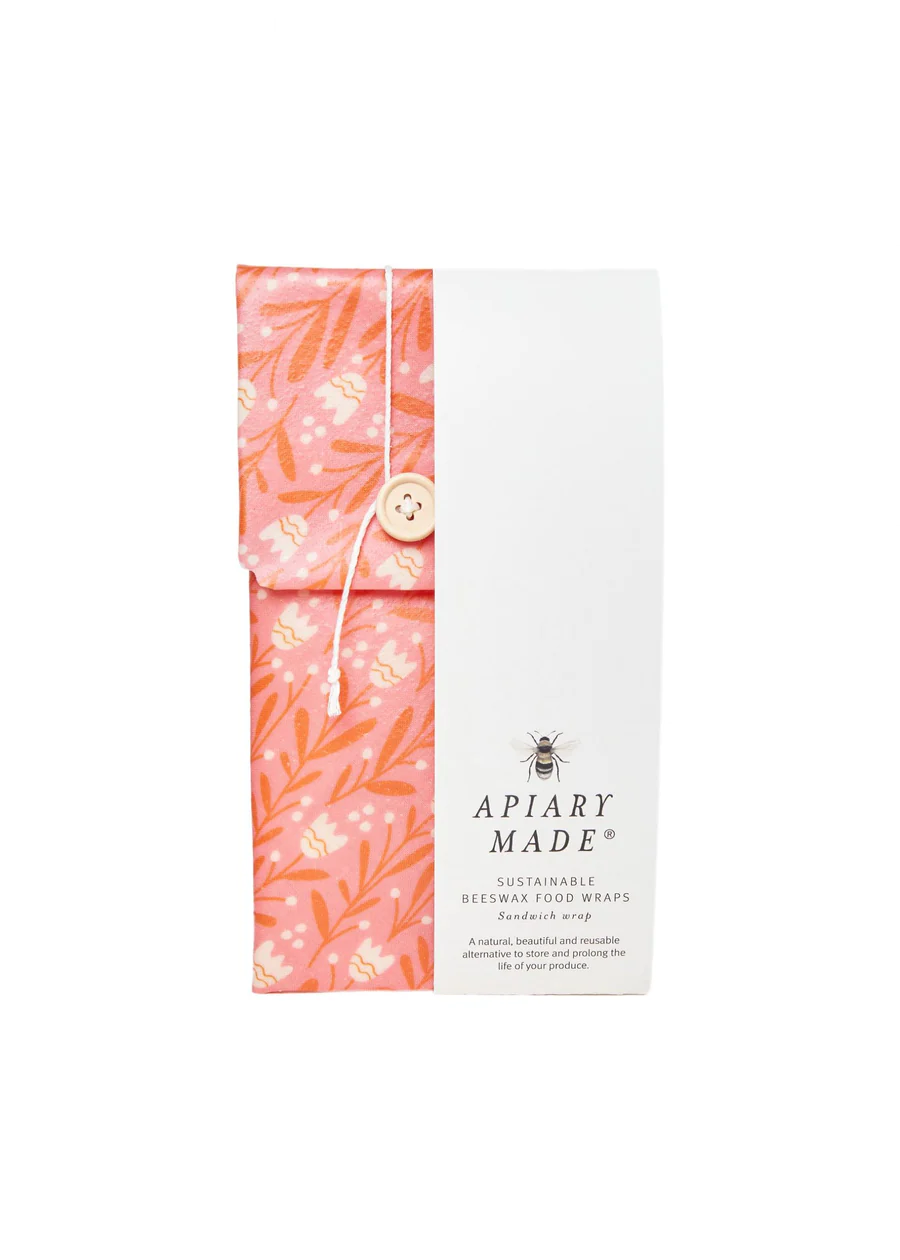 Apiary Made Sandwich Beeswax Wrap with button and drawstring, floral print.