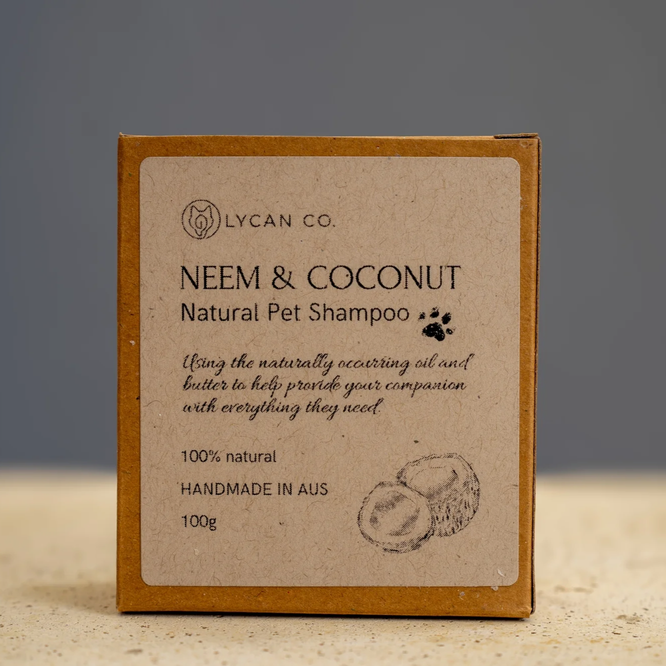 Lycan Co Neem and Coconut Pet Positive Shampoo Bar packaging on display.
