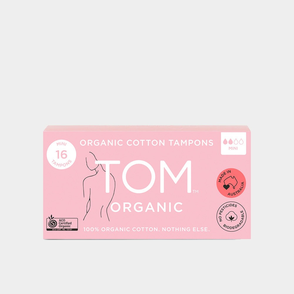 Tom Organic Mini Tampons box for light flow, organic and hypoallergenic.