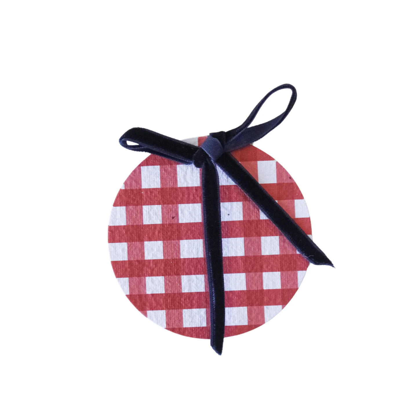 Round red and white gingham plantable gift tag with black velvet ribbon attached